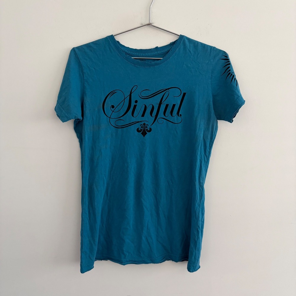 Sinful by Affliction Womens Blue Graphic Angel Wings T-Shirt Large